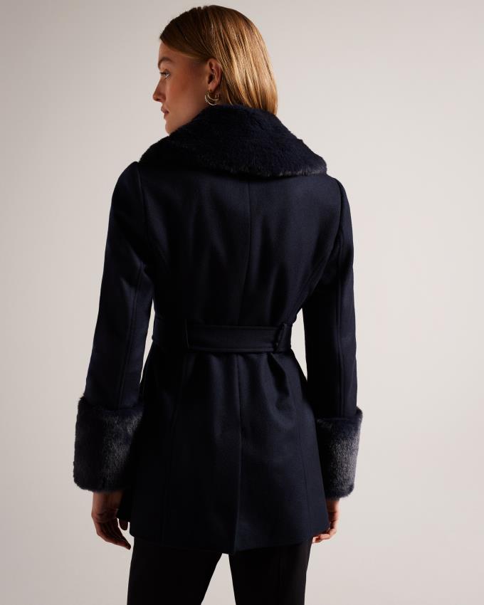 Manteau Ted Baker Belted With Faux Fur Collar and Cuffs Bleu Marine Femme | GNG-19937827